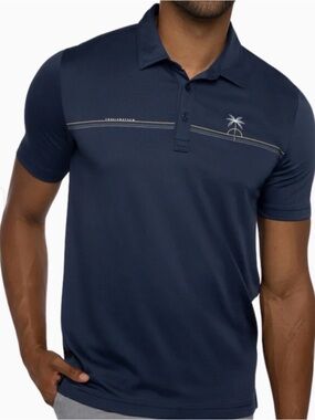 Travis Mathew Navy Polo with Thin Chest Stripe and Palm Motif